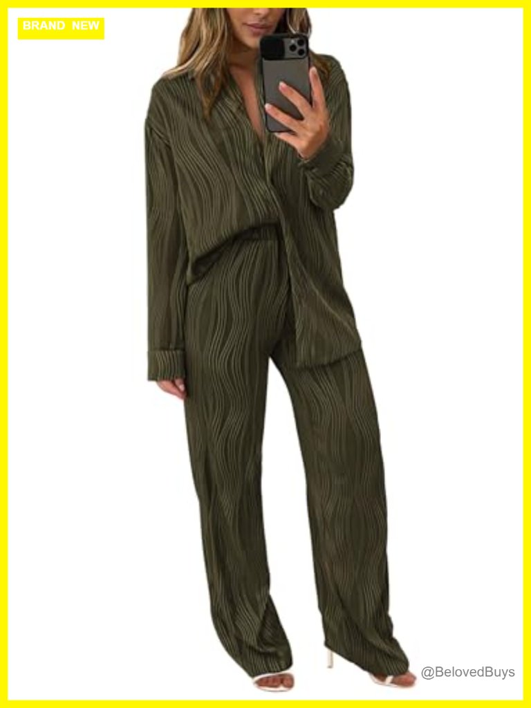 Womens 2 Piece Set Button Down Shirt Wide Leg Pants Loungewear Tracksuit